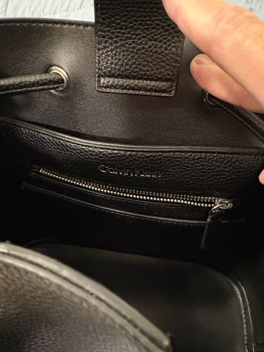 Calvin Klein Black Pebble Leather Drawstring Shoulder Bucket Bag - Picture 3 of 5